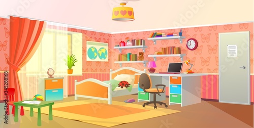 Girls room interior, teenage room, pink colors, vector illustration.