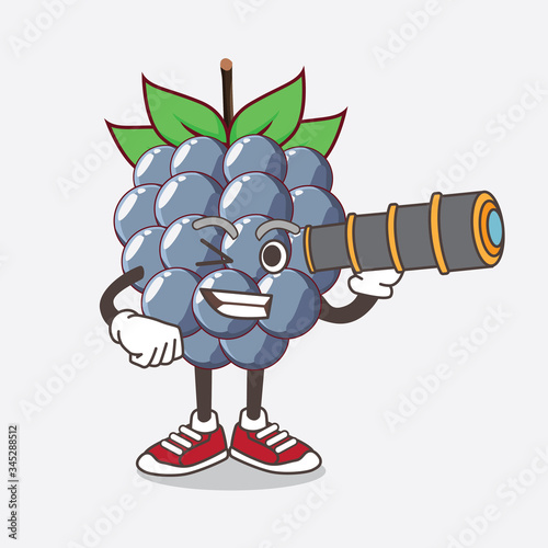 Dewberries Fruit cartoon mascot character using a monocular