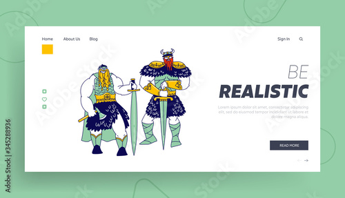 Scandinavian Warriors Landing Page Template. Vikings Male Characters with Tressed Beards Wearing Skins, Helmets with Horns and Holding Armor Swords and Axes. Linear People Vector Illustration