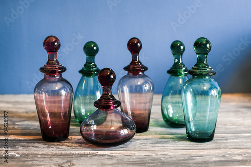 Vintage Still life with colorful glass vases 