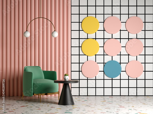 Fototapeta Naklejka Na Ścianę i Meble -  Memphis style conceptual interior room 3d illustration
