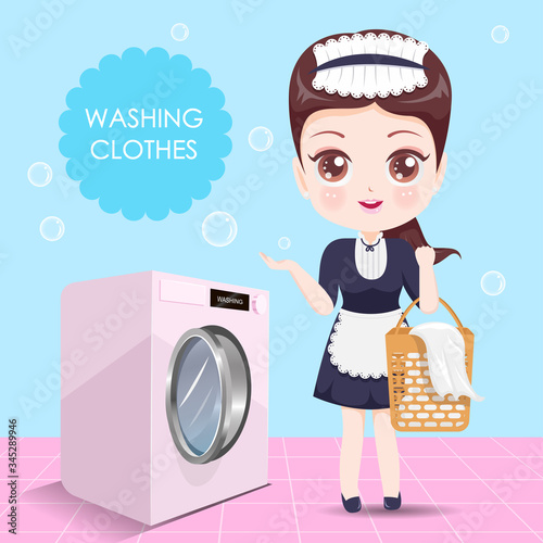 Beautiful housekeeper is washing clothes