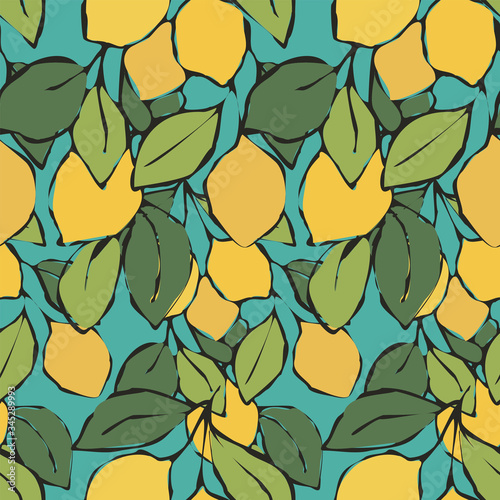 Bright citrus Seamless lemon pattern. Branch Fruits background. Leaves and lemons. Fresh fruit vector illustration.