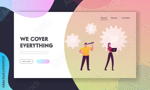 Scm, Supply Chain Management, Procurement Landing Page Template. Characters with Laptop and Spyglass at Shopping Trolley and Dollar Icons. Goods Purchase Deal. Cartoon People Vector Illustration