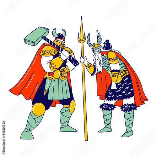 Viking Characters Wearing Scandinavian Dressing Holding Hammer and Spear. Nordic Mythology Heroes, Movie Actors Playing Role in Cinema Isolated on White Background. Linear People Vector Illustration