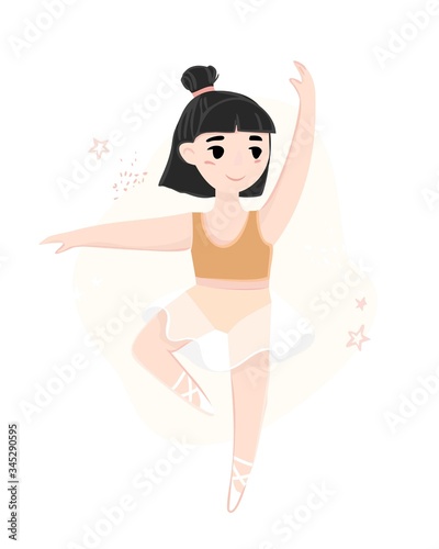 Small ballerina in pointe shoes in a dance pose on an abstract background. Cute cartoon poster for decor of kids rooms. Beautiful young dancer for schools, studios in choreography. Vector illustration