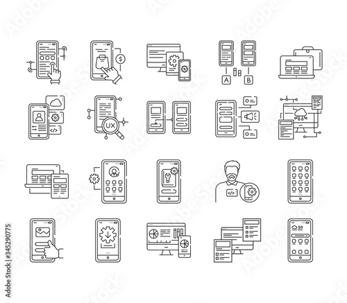 App development black line icons set. Creating and using a mobile application. Pictograms for web page, mobile app, promo. UI UX GUI design elements. Editable stroke.