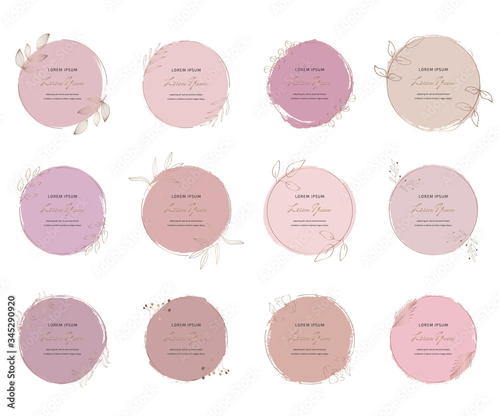 Set soft pastel pink round brush stroke watercolor texture with gold polygonal frames. Geometric shape with hand drawing watercolor washes.
Set soft pastel pink round brush stroke watercolor texture with gold polygonal frames. Geometric shape with hand drawing watercolor washes.