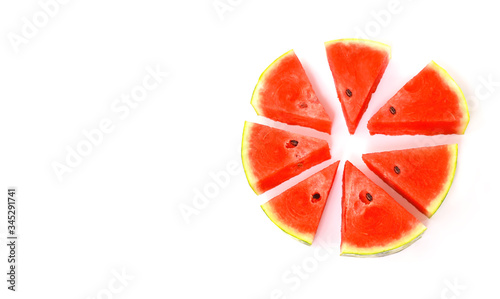 Fototapeta Naklejka Na Ścianę i Meble -  Copy space with piece of slice red watermelon on white background