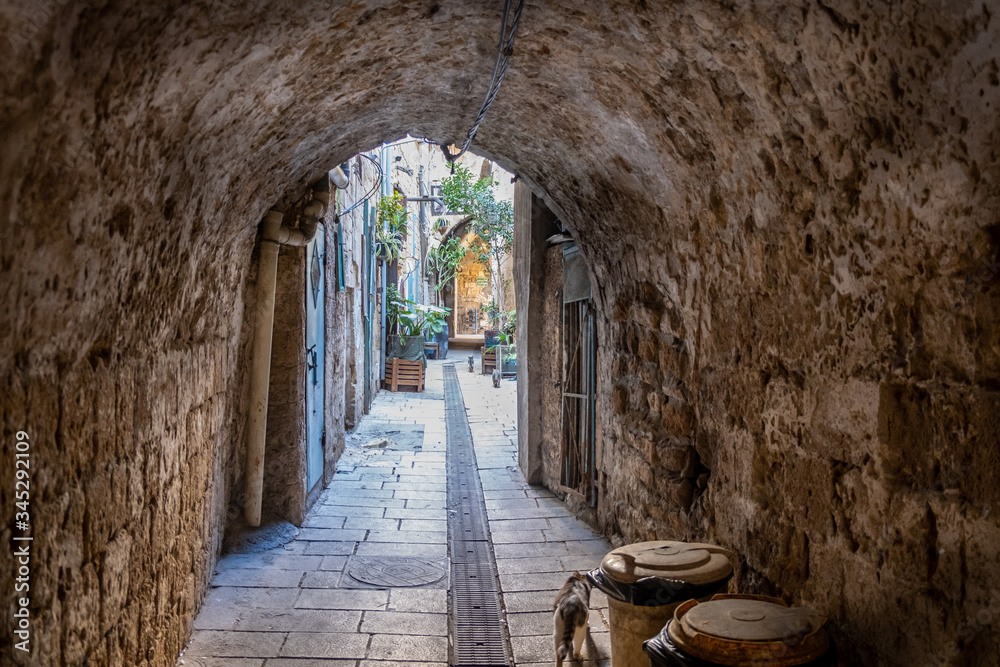 Naklejka premium Narrow street in the old city of Acre. Acre or Akko. Israel