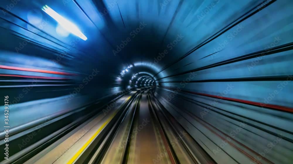 4K.Time lapse automatic train subway tunnel fast speed