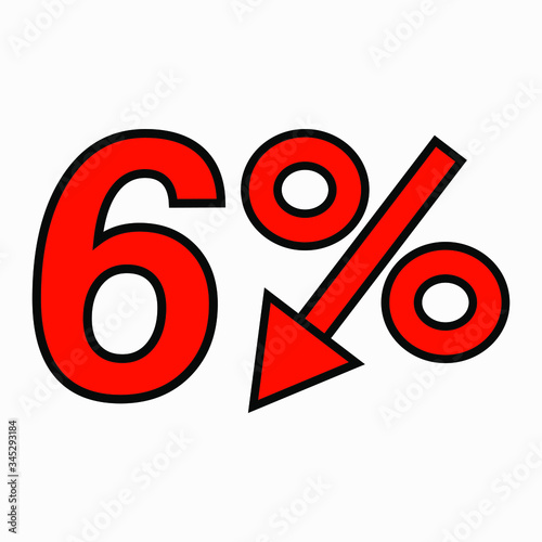 The 6 percent reduction icon is red.  Price drop. Interest rate reduction. Stock symbol. Discount. Markdown of goods. Bonus discount. Vector icon.