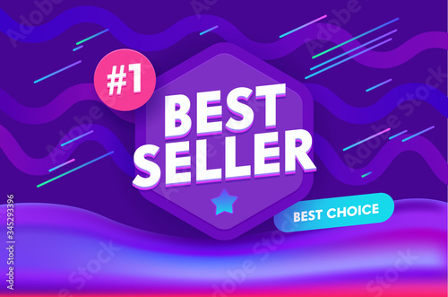 Bestseller Banner, Sale Social Media Promo Ad Poster in Memphis Style with Typography and Abstract Waves. Best Seller Shopping Discount, Content Decoration Backdrop, Announcement. Vector Illustration