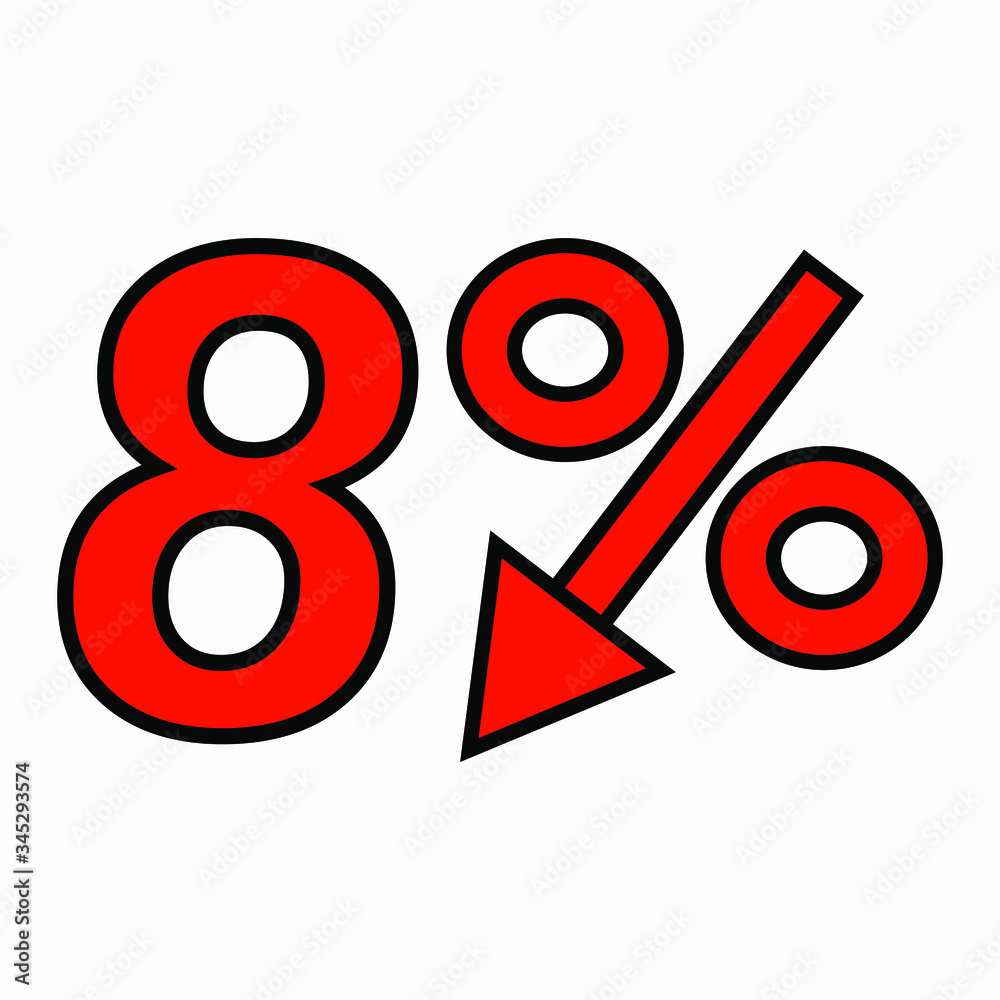 The 8 percent reduction icon is red. Price drop. Interest rate reduction. Stock symbol. Discount. Markdown of goods. Bonus discount. Vector icon. The 8 percent reduction icon is red. Price drop. Interest rate reduction. Stock symbol. Discount. Markdown of goods. Bonus discount. Vector icon.