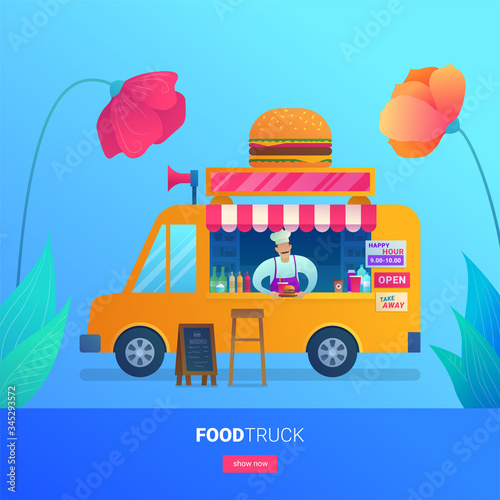 Food truck web banner with flower decoration. Chef in apron and hat holding burger menu. Street food retail with take away fast food. Store on wheels with hamburgers and drinks vector illustration.