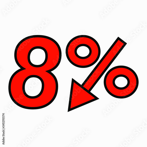 The 8 percent reduction icon is red.  Price drop. Interest rate reduction. Stock symbol. Discount. Markdown of goods. Bonus discount. Vector icon.