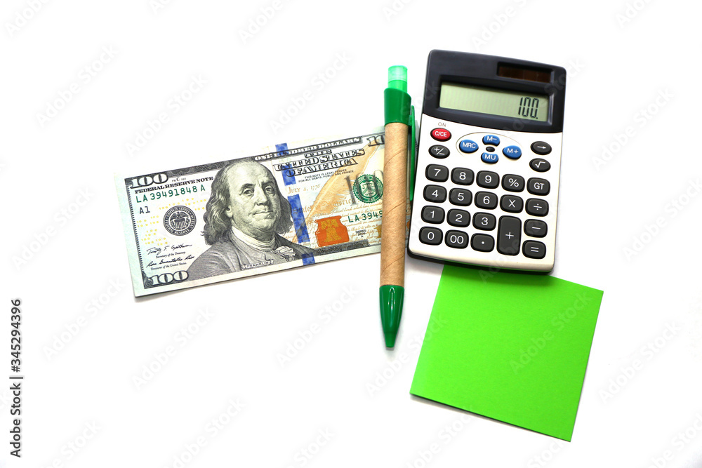 One hundred dollars, pen, calculator and note paper One hundred dollars, pen, calculator and note paper