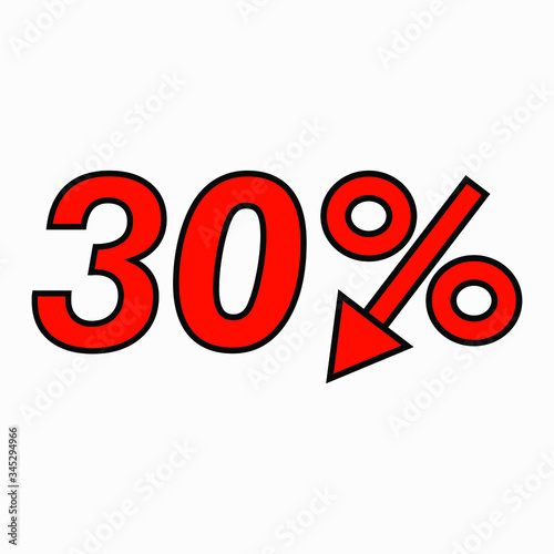 The 30 percent reduction icon is red. Price drop. Interest rate reduction. Sell-out. Stock symbol. Discount. Markdown of goods. Bonus discount. Vector icon.