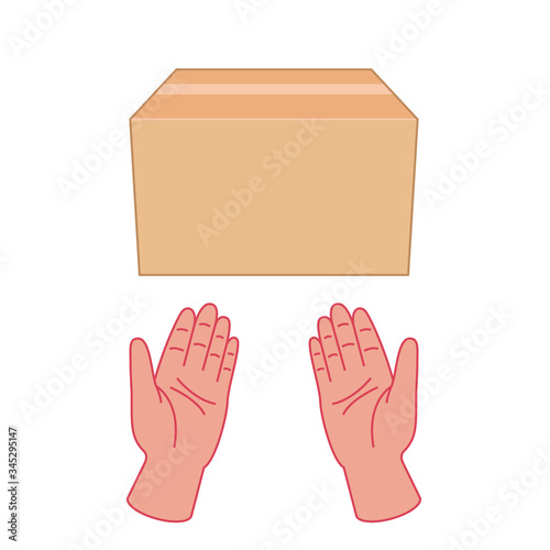 Clean hands pass the box with a place for text. Unfolded palms indicate the craft box. Online shopping. Vector stock illustration. Contactless delivery concept.