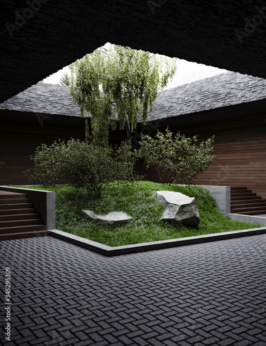 Bild auf Leinwand Japanese-style indoor garden with overhead lighting