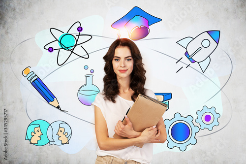 Smiling woman with notebooks, education sketch