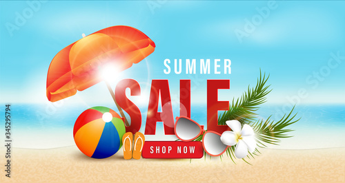 Summer sale text and beach holidays elements promotion  shopping,Summer promo web banner template background vector 3D style