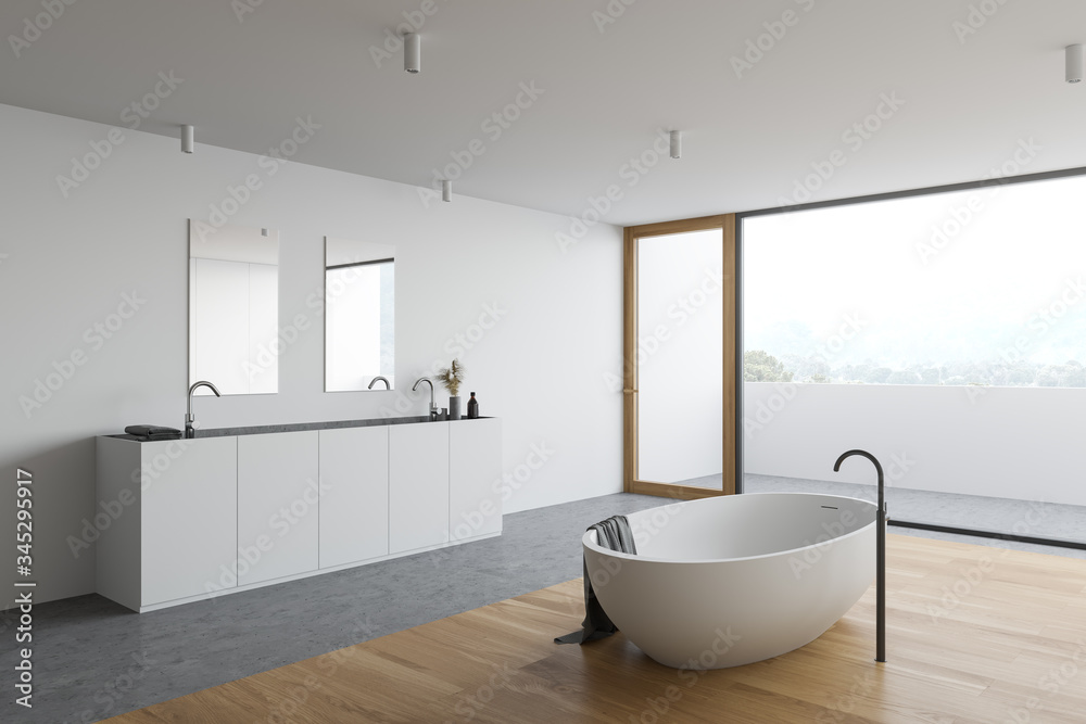 Panoramic white bathroom corner with balcony Panoramic white bathroom corner with balcony