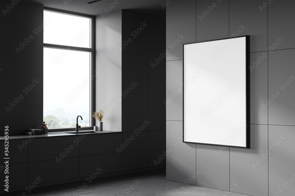 Dark grey bathroom with sink and poster Dark grey bathroom with sink and poster