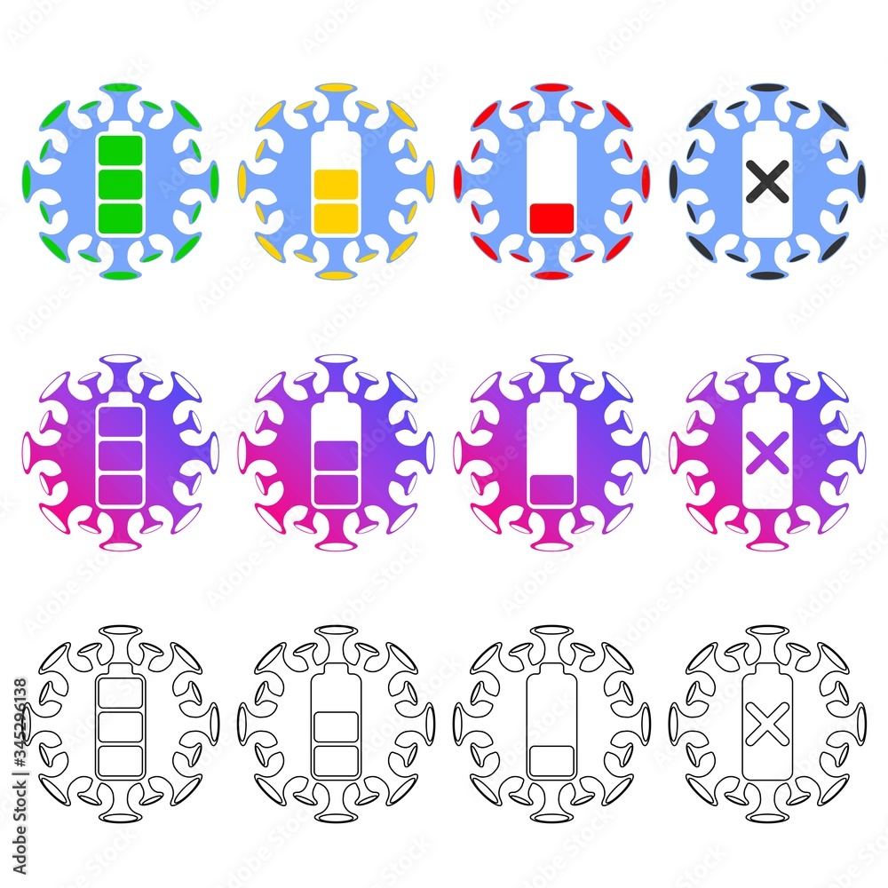 Coronavirus battery icon set.
Outbreak of coronavirus as a dangerous case of the occurrence of a strain of influenza as a concept of a pandemic risk to the health of people with painful cells.