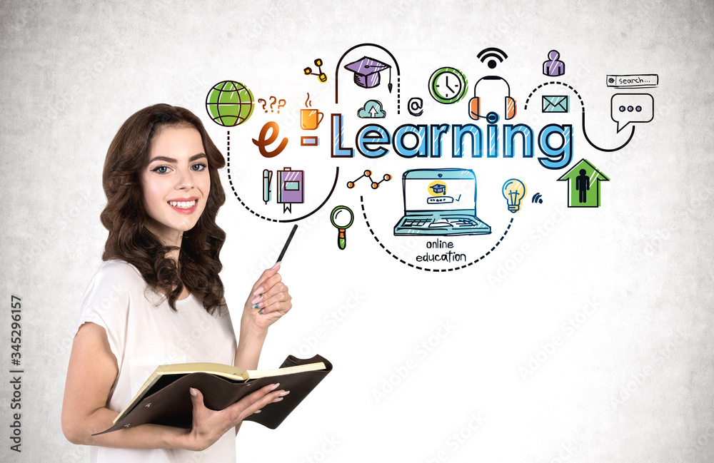 Smiling woman with notebook, e learning sketch Smiling woman with notebook, e learning sketch