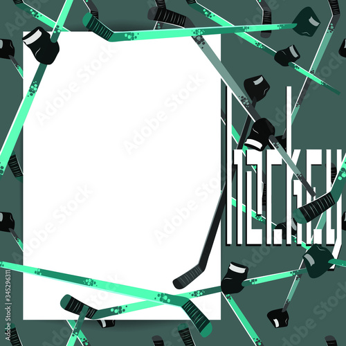 White sheet of paper. Hockey template for labels, photos, elements, notes, lists, etc. Bright 3d hockey sticks on a blue grey background. Poster, postcard, label, banner design.Vector illustration