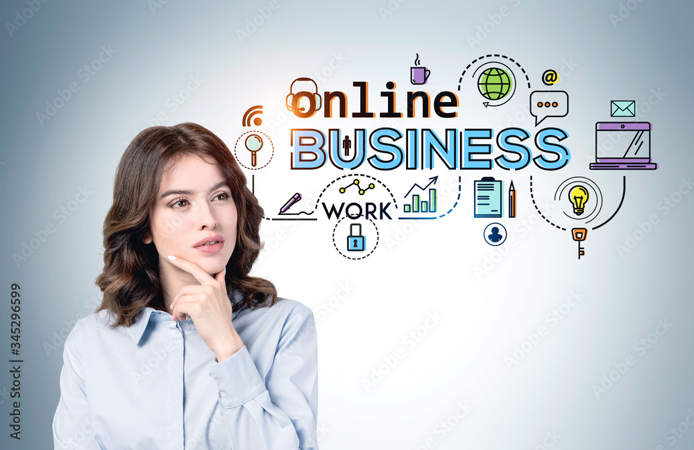 Thoughtful young woman, online business icons Thoughtful young woman, online business icons