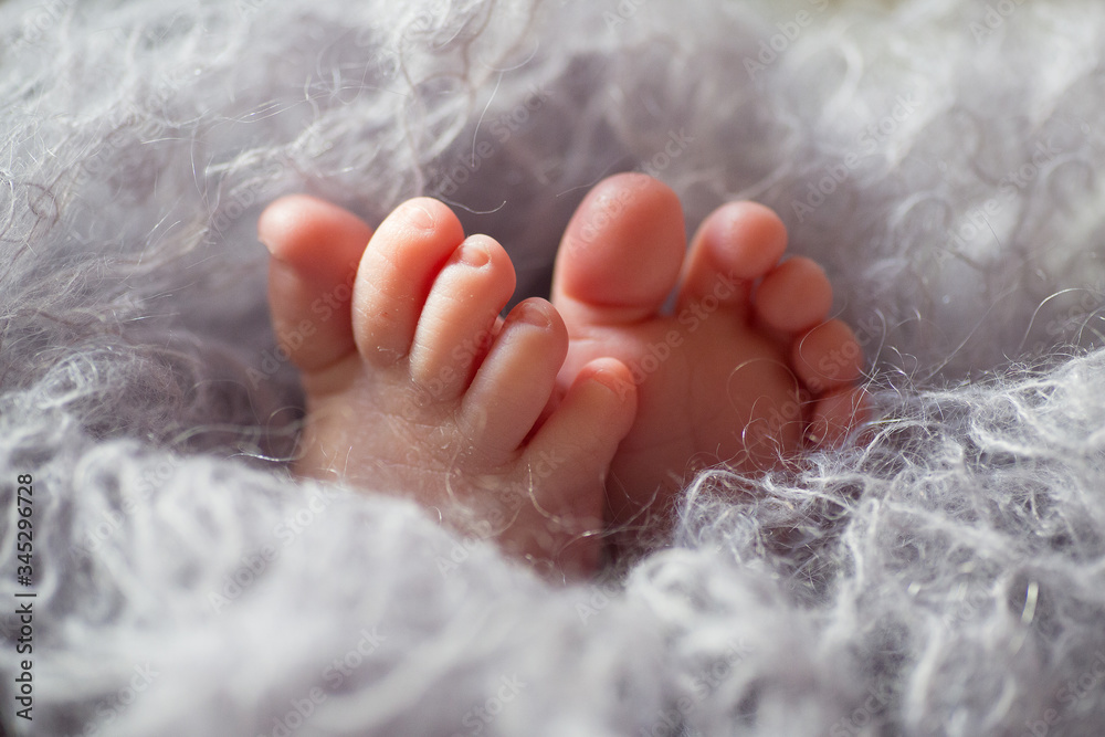 Newborn. Legs of a newborn close-up. The first photo session of a newborn. The baby was born. Happy mother. Newborn. Legs of a newborn close-up. The first photo session of a newborn. The baby was born. Happy mother.