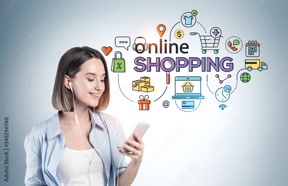 Smiling young woman with phone, online shopping Smiling young woman with phone, online shopping