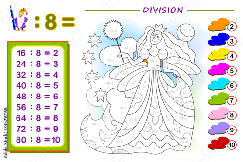 Exercise for kids with division by number 8. Paint the princess. Educational page for mathematics baby book. Printable worksheet for children textbook. Back to school. IQ test. Vector illustration.