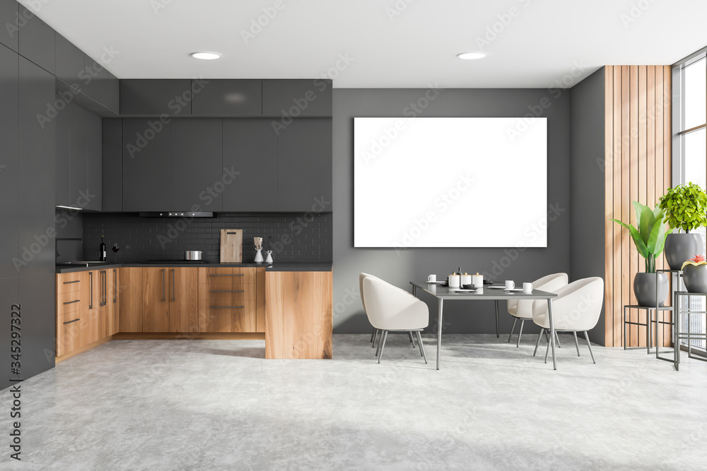Wooden and grey kitchen with table and poster Wooden and grey kitchen with table and poster