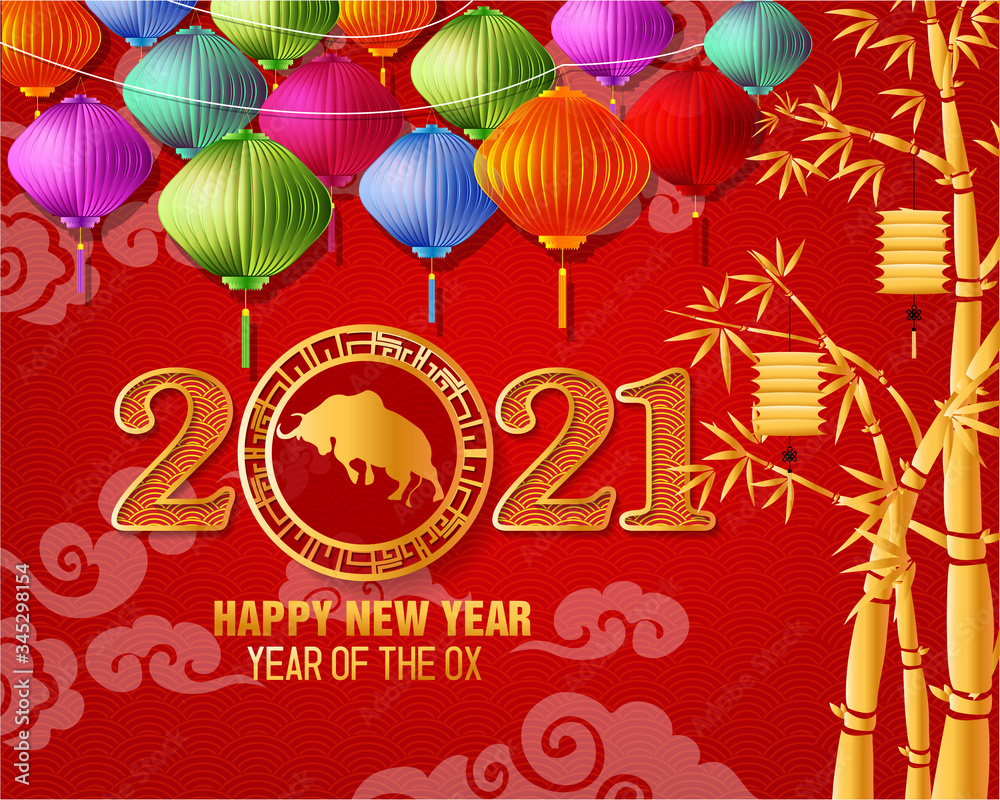 Happy new year 2021. Chinese new year, year of the ox (Chinese translation : Happy chinese new year)