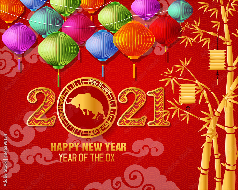 Naklejka premium Happy new year 2021. Chinese new year, year of the ox (Chinese translation : Happy chinese new year)