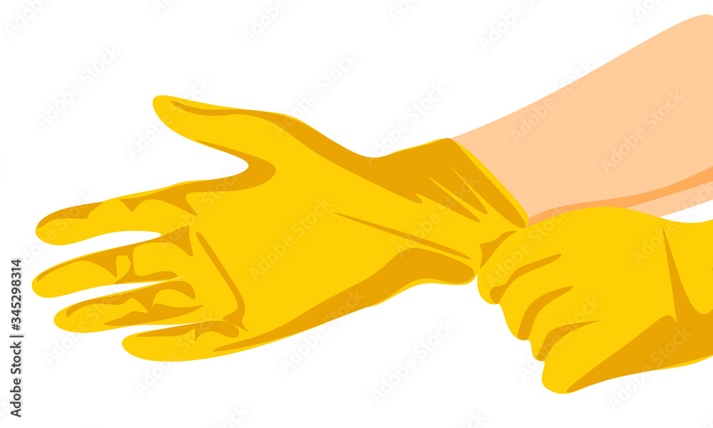 Fototapeta Putting latex on gloves. Protective latex yellow gloves. Symbol of protection against viruses and bacteria. Precaution icon. Vector illustration. Cartoon style. Isolated on white background.
