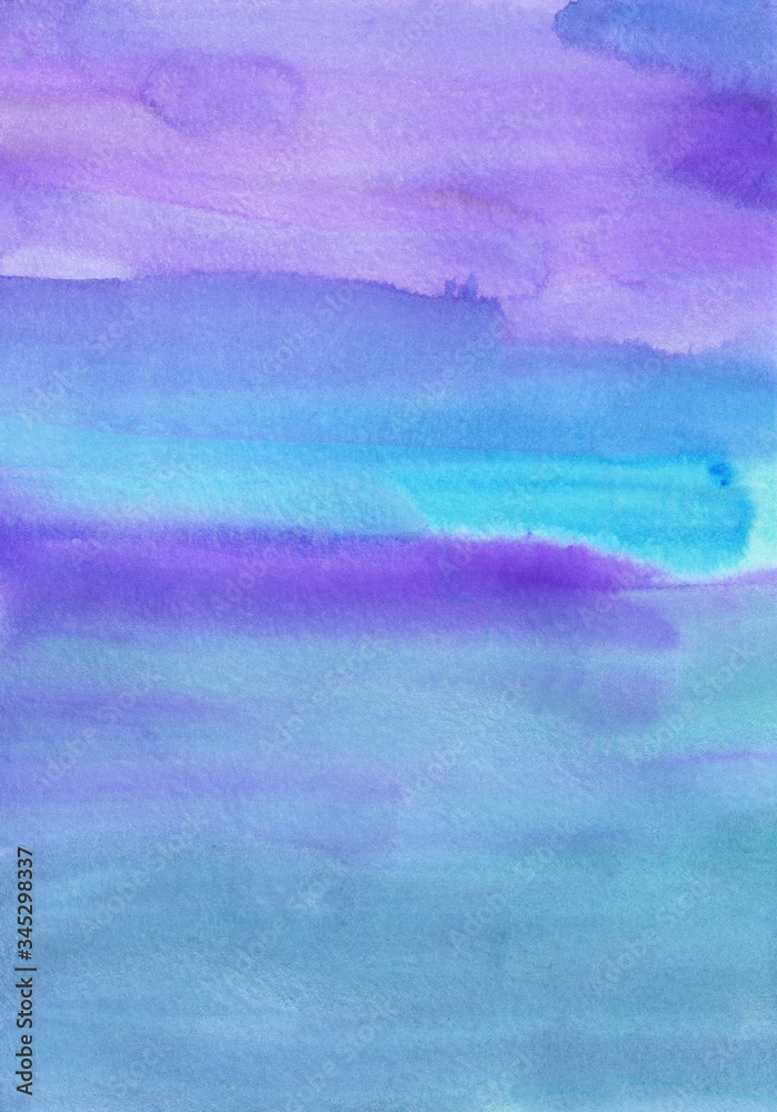 Watercolor violet and blue background painting, brush strokes on paper. Liquid watercolour stains backdrop..