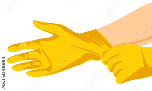 Putting latex on gloves. Protective latex yellow gloves. Symbol of protection against viruses and bacteria. Precaution icon. Vector illustration. Cartoon style. Isolated on white background.