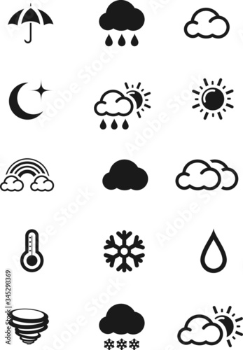 Black Flat Weather Forecast Icons Set Collection