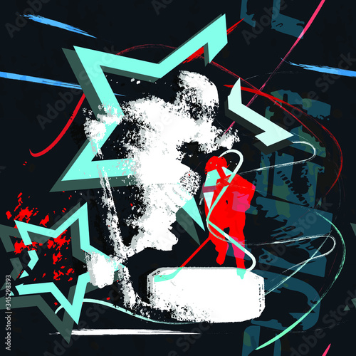 Seamless hockey pattern. Vector elements of hockey sticks, hockey pucks, player. Endless repeating hockey textures for banners, wallpapers, etc.