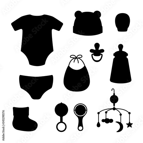 Cap, bib, panties, clacks, bottle, pacifier, sock, mitten, mobile for crib, bodysuit. Black  silhouette isolated on white background. Vector illustration. Great for greeting cards, postcards, stickers