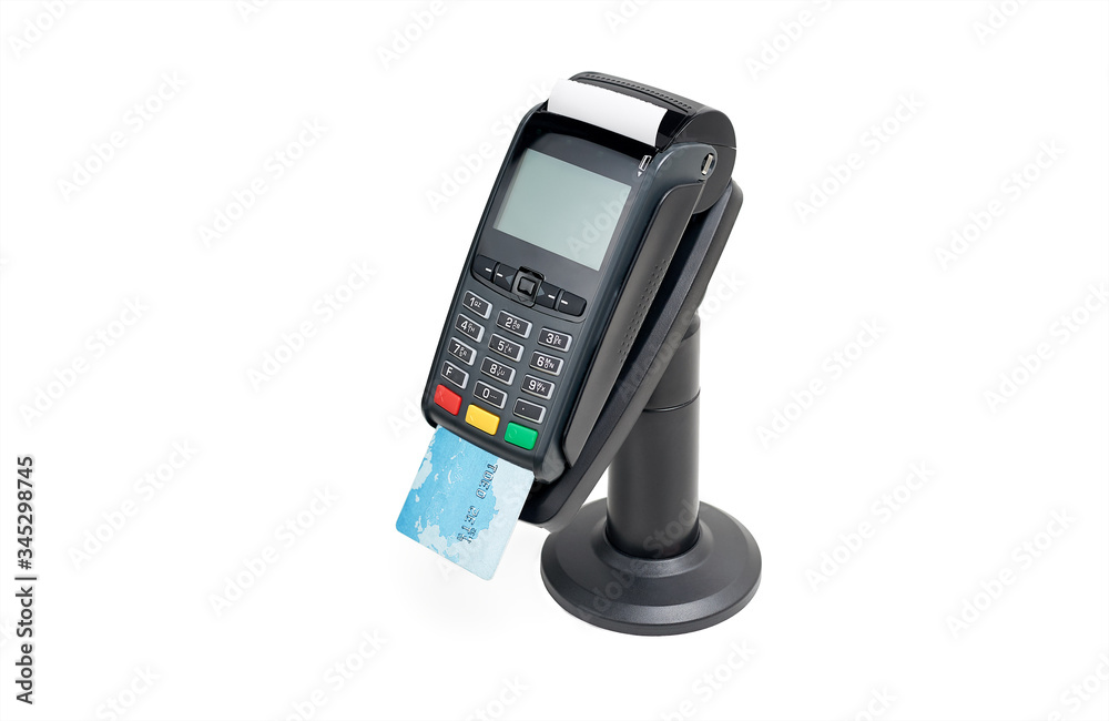 POS terminal for paying for purchases and goods on an isolated white layer. POS terminal for paying for purchases and goods on an isolated white layer.