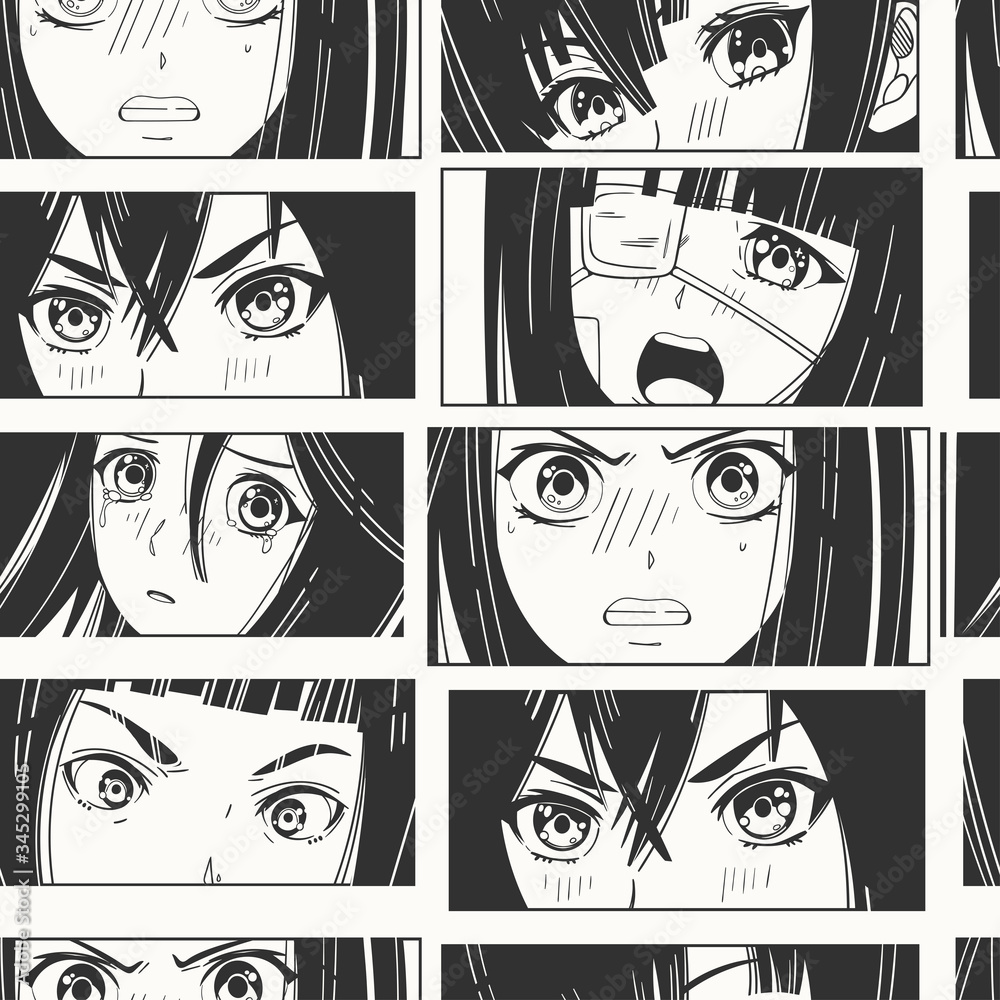Close up of Asian female Eyes look. Black and white Manga style. Japanese  cartoon Comic concept. Anime characters. Hand drawn trendy Vector Seamless  pattern. Background, Wallpaper Stock Vector | Adobe Stock
