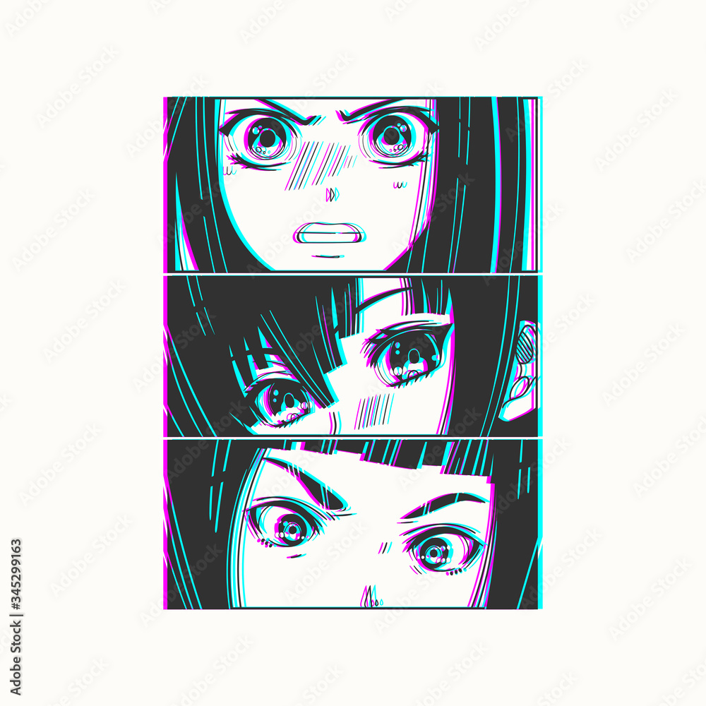 Three pairs of Asian Eyes look. Glitch effect. Manga style. Japanese  cartoon Comic concept. Anime characters. Hand drawn trendy Vector  illustration. Pre-made print. Isolated on white background Stock Vector |  Adobe Stock