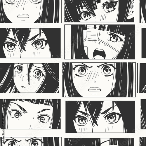  Primer plano de la mirada de los ojos femeninos asiáticos.  Estilo Manga en blanco y negro.  Dibujos animados japoneses Concepto cómico.  Personajes de anime.  Patrón sin costuras de Vector de moda dibujado a mano.  Fondo, Papel Tapiz Stock Vector