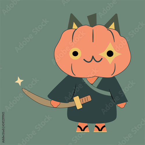 Vector illustration of a cute cat have a pumpkin head and wearing a Yukata or Kimono for samurai cosplay - cartoon mascot character of a cat.