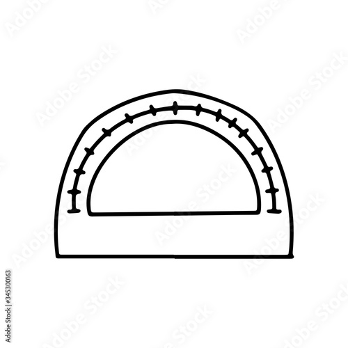 Protractor on an isolated white background. Black hand draw outline. Back to school, office. Vector illustration.